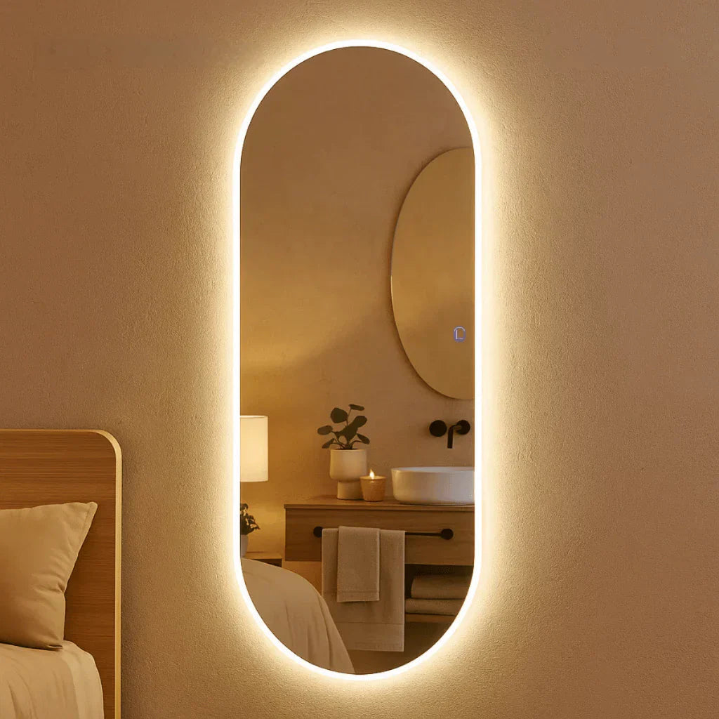 Espejo de Cuerpo Entero con Base Recta y LED Touch Cálido/Frío, 150 x 40 cm y 110 x 50 cm – Pulido – PROMOCIÓN